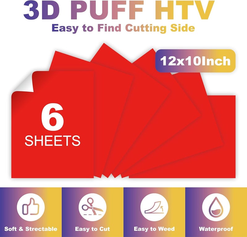 HTVJOYDO 6Pcs Puff Vinyl Heat Transfer, 12x10Inch Red 3D Puff HTV, DIY Iron-on Vinyl for T-Shirts, Easy to Cut and Weed, Compatible with Cricut or Cameo (6 Red Puff) - Image 4
